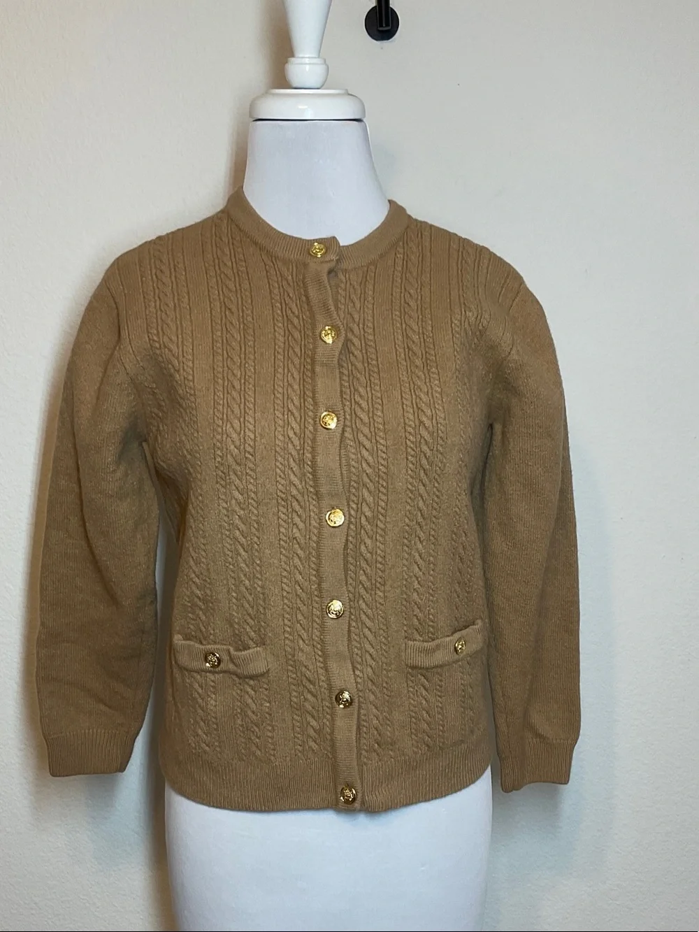 Talbots 100% Wool Lady Jacket Button Down Sweater Tan Large